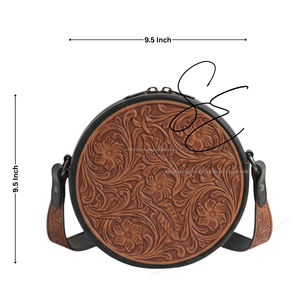 Western Genuine Leather Canteen Crossbody Bag Floral Tooled Round Purse Black <b>Handbag</b> Women - Product Image 3
