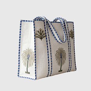 Bolso Tote Acolchado con Palmeras Bordadas, Asas a Rayas Blancas y Azules, Estilo Preppy, Bolso de Playa - Product Image 2