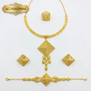 Ensemble de bijoux de luxe africain plaqué or, collier, boucles d'oreilles, bracelet et bague géométriques à la mode pour femmes - Product Image 2