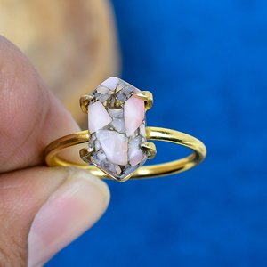 Handmade Pink <b>Opal</b> Copper Hexagon Gemstone 18k Gold Micron Over 925 Sterling Silver <b>Ring</b> - Product Image 2