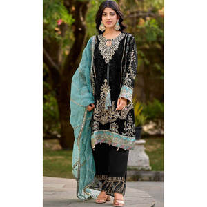 DESIGNER <b>VELVET</b> SEQUENCE EMBROIDERY WORK <b>TOP</b> BOTTOM WITH DUPATTA <b>BLACK</b> - Product Image 1