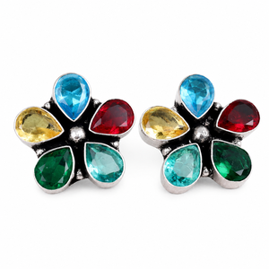 Envío Rápido, Pendientes de Plata Oxidada con Circonitas Multicolores en Forma de Flor |   Proveedor al por mayor de ropa floral tribal bohemia para mujer - Product Image 3