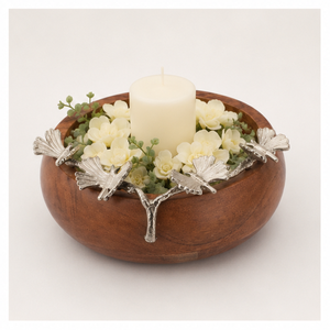 Bol de service artisanal en bois de manguier finition noyer avec accent en branche de ginkgo et papillon plaqué argent pour décoration intérieure ou centre de table - Product Image 4