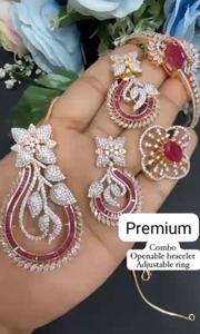 Premium Quality Combo Pendant Necklace With Beautiful Earrings, Openable Bracelet And <b>Adjustable</b> <b>Ring</b> Luxury Appeal Party Wear - Product Image 1