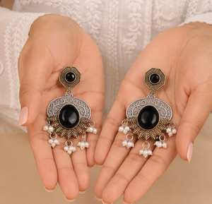 Pendientes Colgantes Étnicos de Plata Oxidada Bañados en Oro al por Mayor con Engaste de Bisel para Fiesta de Mujer ARTS JEWELS ER-68 0.3m Plating - Product Image 3