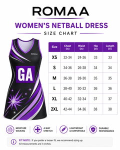 Vestido de Netball Personalizado para Mujer, Sublimado, Negro, Morado, Lila y Blanco, Sin Mangas, Cuello en V, Uniforme de Equipo con Panel de Posicionamiento - Product Image 3