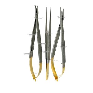 Ensemble de 3 instruments Castroviejo en acier inoxydable allemand : Micro-ciseaux, Porte-aiguille courbé et Pinces, pour usage dentaire et ophtalmique - Product Image 1