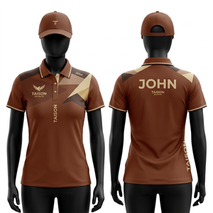 High quality womens golf <b>shirt</b> 175 GSM <b>polyester</b> elastane moisture wicking brown tonal leaf design piping detail embroidered - Product Image 5