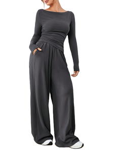 Custom Summer Women Flared Pants Shirt Set Clothing Set Fold Flared Pants and T Shirts Solid Pattern Two-Piece <b>Lounge</b> wear - Product Image 5