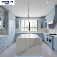 Meubles de cuisine modulaires GIVANSSIE personnalisés, écologiques, résistants à l'eau, style ferme américaine, bleu clair, chêne massif, avec îlot