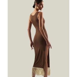 Vestido de Noche Marrón con Cuello Cruzado y Flecos, Sin Mangas, Hasta la Rodilla, de Tela Satén Transpirable, Precio al por Mayor - Product Image 2