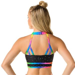 Ensemble de costume de danse personnalisé pour femmes en polyester avec strass, haut court et short, tenue de performance scintillante pour cheerleading, gymnastique, scène - Product Image 3