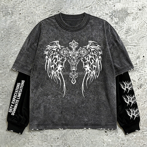 <span class=keywords><strong>T</strong></span>-shirts à manches longues déchirés avec motifs personnalisés pour hommes, style vintage délavé à l'acide, en tissu gaufré, effet vieilli, double couche - Product Image 2