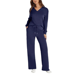 <b>Women's</b> Green <b>V</b>-<b>Neck</b> <b>Sweatshirt</b> Tracksuit Full Sleeve Solid Color Loose Fit Casual Autumn Wear With Side Pockets Elastic Waist - Product Image 3