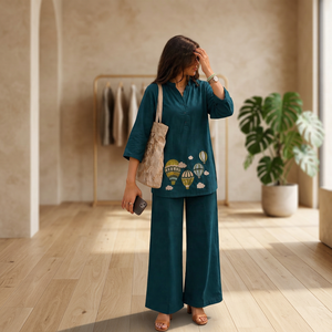 Ensemble Kurta en coton pour femme avec broderie montgolfière – Tenue décontractée printemps-été pour le quotidien - Product Image 1