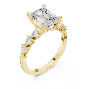Yellow Gold Emerald Cut Lab Grown <b>Diamond</b> Engagement <b>Ring</b> Marquise Baguette Side Stone Wedding <b>Ring</b> - Product Image 4