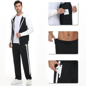 Ensemble de survêtement à capuche noir et blanc avec blocs de couleur, manches longues, fermeture éclair, poches latérales, style sportif décontracté, collection automne - Product Image 3