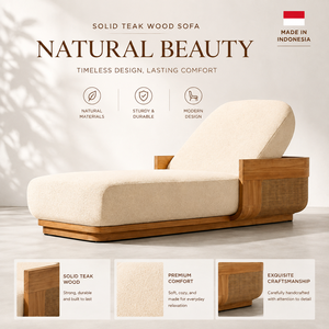 Chaise longue en teck pour projets hôteliers, villas et piscines, avec lit de jour rembourré en bois massif et panneaux en rotin, mobilier d'hôtellerie - Product Image 1