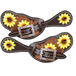 Custom Made High Quality100% Cow Leather Western 2 Tone Hand Carved Spur Straps With Engraved Buckle Supplier Manufacturer - Product Image 1
