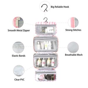 Blue Pink Foldable <b>Toiletry</b> <b>Storage</b> Bag Waterproof Multi-Compartment Handheld Makeup Skincare Organizer Nylon Fabric for Travel - Product Image 3