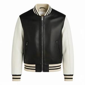 Chaqueta Bomber Varsity Retro Unisex Negra y Blanca Hecha a Mano de Poliéster con Cuello Alto |   Chaqueta Universitaria Ecológica Resistente al Viento - Product Image 1
