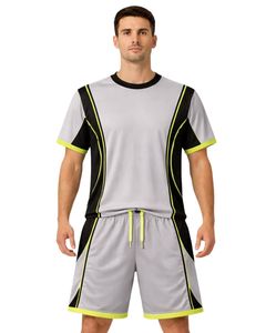 Ensemble de vêtements de sport pour hommes, gris, noir, jaune néon, t-shirt et short, respirant, séchage rapide, tenue de sport, course à pied, entraînement, vêtements de sport - Product Image 1