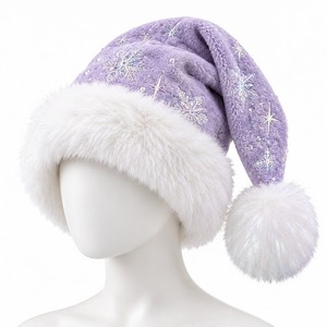 Gorro de Santa Claus a Cuadros con Brillo Morado, Borde de Piel Sintética Blanca y Pompón, para Usar en la Playa, Unisex para Adultos - Product Image 1