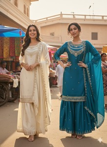 Ensemble Sharara Dupatta pour femme, tissu Fendy, broderie lourde, entièrement cousu, ensemble de vêtements ethniques, tenue de mariage traditionnelle - Product Image 4