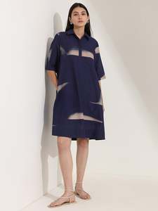 Robe midi à col polo, coupe ample, manches trois quarts, imprimé dégradé contrastant, coton tissé, décontractée, pour tous les jours, femme - Product Image 3