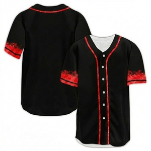 Maillot de baseball unisexe personnalisé pour adulte, manches courtes, col en V, noir et rouge, impression sublimée, polyester respirant 300g, fermeture à boutons - Product Image 1
