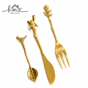 Decorative Brass Cutlery Set Gold Finish Bird and Flower Shaped Handles Leaf Form Spoon Smooth Knife and <b>Fork</b> Artistic Handmade - Product Image 1
