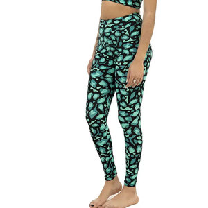 Leggings taille haute pleine longueur en polyester vert/noir, séchage rapide, sans coutures, avec poches, pour femme - Product Image 2