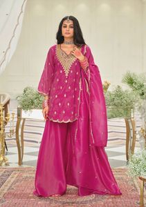 Designer Embroidery Work With Chain Sequence And Fancy Cut Work Natural Silk <b>Top</b> Sharara Bottom And Dupatta Ready To Wear Set - Product Image 3