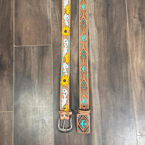 Real Handmade Hand <b>Tooled</b> Full Grain <b>Leather</b> Western Belt Western Stylish Turquoise Genuine <b>Leather</b> Unisex Removable Buckle Belt - Product Image 6