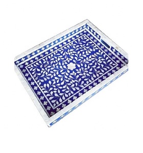Plateau de service rectangulaire en os naturel de qualité supérieure, design floral bleu, 35x23x5cm, décoration intérieure, qualité indienne, nouveauté 2024 - Product Image 1