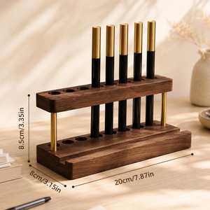 Wooden Single Tier <b>Pen</b> <b>Holder</b> <b>Desk</b> Organizer Brass Accents Rectangle Shape Handmade Minimalist Multi-Purpose Storage Rack <b>for</b> - Product Image 2