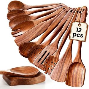 12 Pcs Nonstick Wooden Cooking Utensils Set <b>Comfort</b> Grip 100% Natural Teak Wood Sturdy Lighweight Cooking Tool Set - Product Image 1