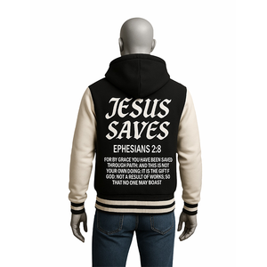 Blouson universitaire imperméable et écologique pour homme, style baseball, noir et beige, avec capuche, personnalisable, thème JESUS SAVES, style Letterman, motif religieux sur le devant - Product Image 4