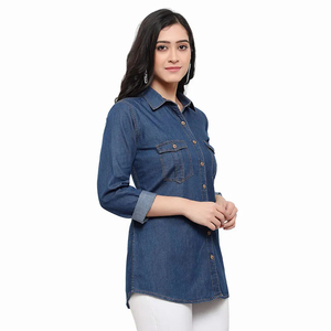 Chemise en jean pour femmes, manches longues, col rabattu, couleur unie, haut décontracté avec poches, vêtements d'automne - Product Image 3