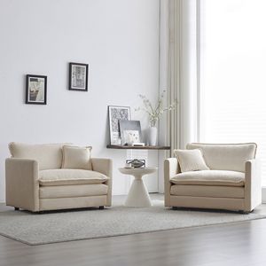 Set di 2 Poltrone di Lusso in Ciniglia Beige con Cuscini Decorativi per Soggiorno - Product Image 1