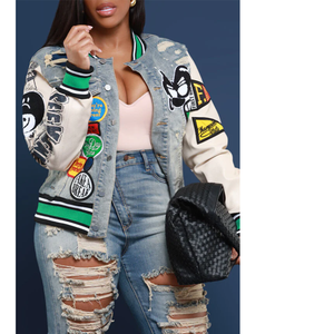Veste varsity en denim avec patchs et manches contrastées, style streetwear, coupe classique, col rabattu, fermeture à bouton unique - Product Image 5
