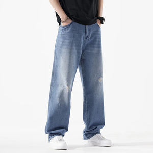 Streetwear Straight Custom Baggy Jeans Men Distressed Dark Washed Cotton Denim Jeans Vintage Fashion Jeans Pants For Men - Product Image 5