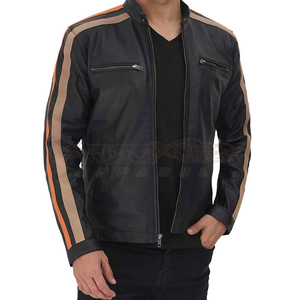 Veste de moto en cuir noir pour homme GARIOX APPAREL OEM, avec rayures orange, manches longues, design protecteur, toutes saisons - Product Image 2