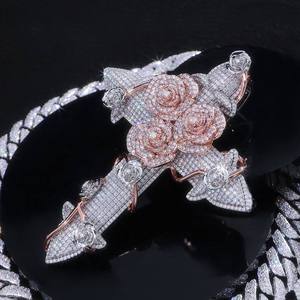 Pahal Fashion Bijoux Unisexe Or Rose Pendentif Breloque Hip Hop S925 VVS1 Moissanite Croix Rose Ensemble Collier Chaîne Cubaine - Product Image 3