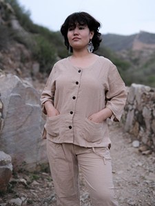 Premium Khadi Cotton Co-ord Set for Women - Eco-Friendly Beige Button-<b>Down</b> Comfort Top and Matching <b>Trousers</b> - Product Image 1