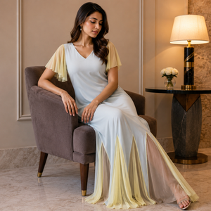 Luxury Pastel Blue Mesh Panel Maxi Dress for Women V Neck Flutter Sleeve Elegant Evening Party Wedding Casual Occasion Long Gown - Product Image 2