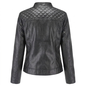 Chaqueta de Motocicleta de Cuero PU Negra para Mujer, Cuello Alto, Cierre de Cremallera, Hombros Acolchados, Ropa de Abrigo para Otoño - Product Image 4
