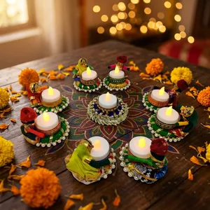 Handmade Luxury Eco-Friendly Fabric Metal LED <b>Tealight</b> Candle <b>Holders</b> (Rajasthani Couple Design) for Diwali Wedding Festival - Product Image 3