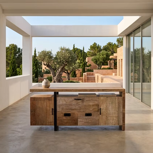 Aparador Miya de Madera Maciza Estilo Japandi con Almacenamiento, Acabado Natural, Elegante Vinoteca para Comedor u Hotel - Product Image 1