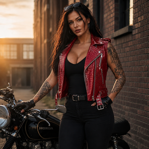 <b>Leather</b> Spot 2026 Custom Women's Breathable V-neck Zipper Closure <b>Biker</b> Jacket <b>Vest</b> Slim Fit Motorcycle Outerwear Crocheted - Product Image 4